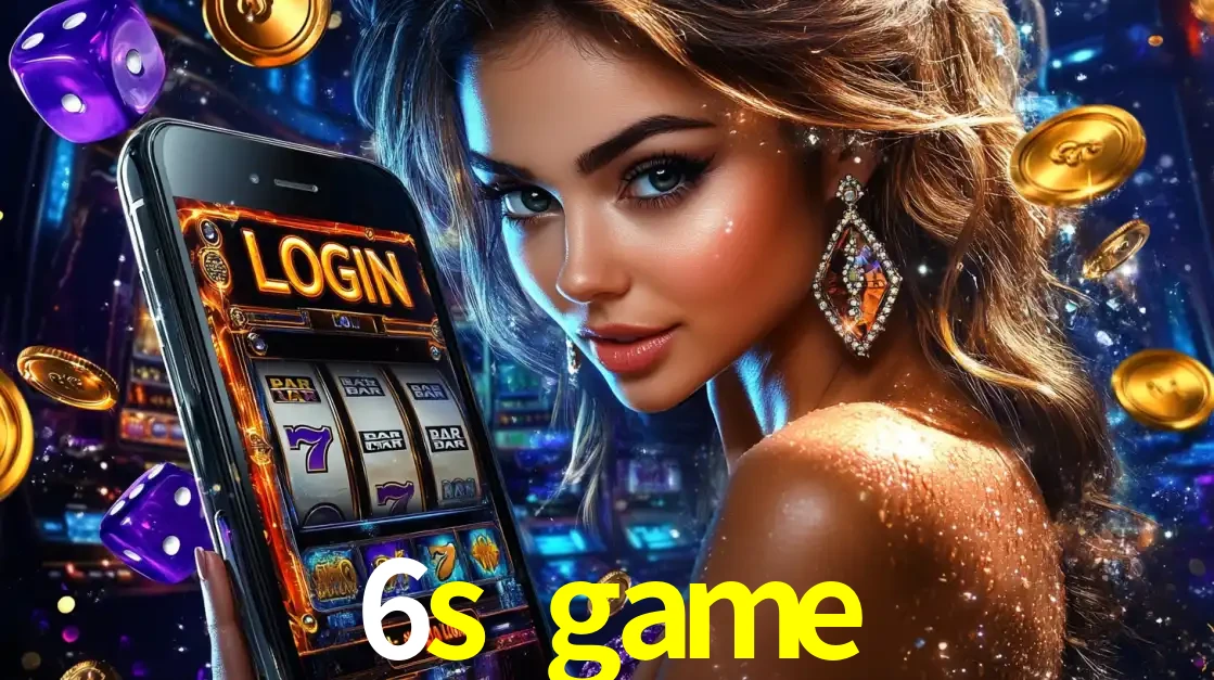 Mulher glamorosa segurando um smartphone com a tela de login para os jogos de caça-níqueis do cassino online 6s game, com moedas de ouro e dados ao redor.