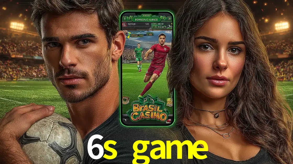 Homem segurando uma bola de futebol e uma mulher ao lado de um smartphone exibindo o jogo de apostas esportivas da 6s game. Faça seu palpite no cassino online.
